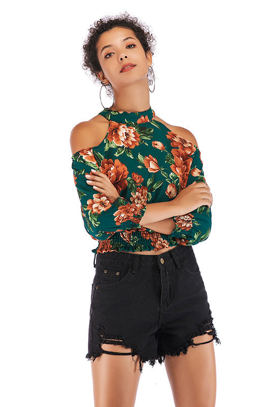 Floral Print Off-the-shoulder Shirred Blouse