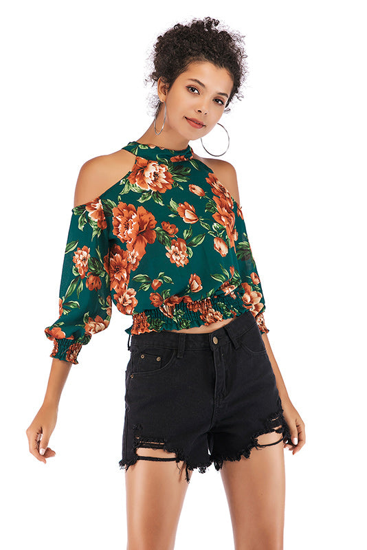 Floral Print Off-the-shoulder Shirred Blouse