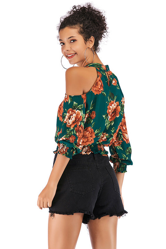 Floral Print Off-the-shoulder Shirred Blouse