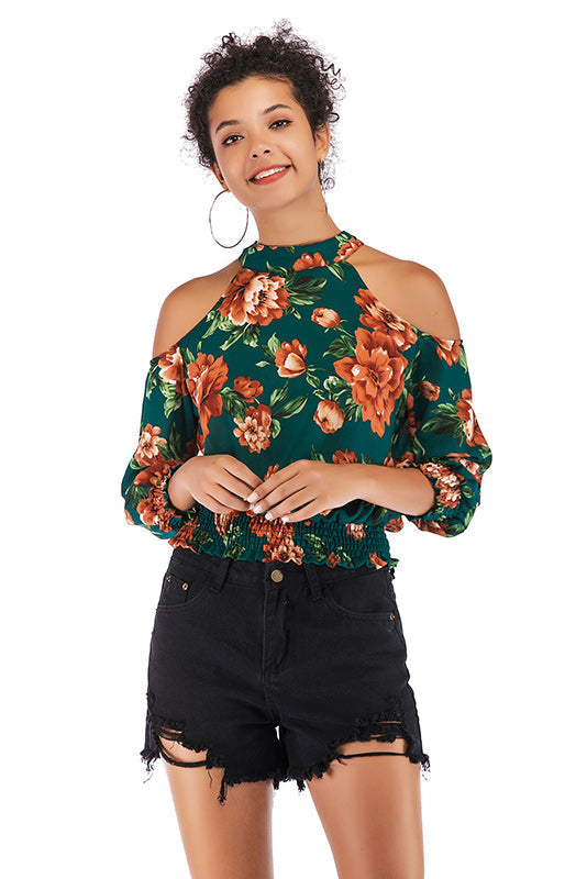 Floral Print Off-the-shoulder Shirred Blouse