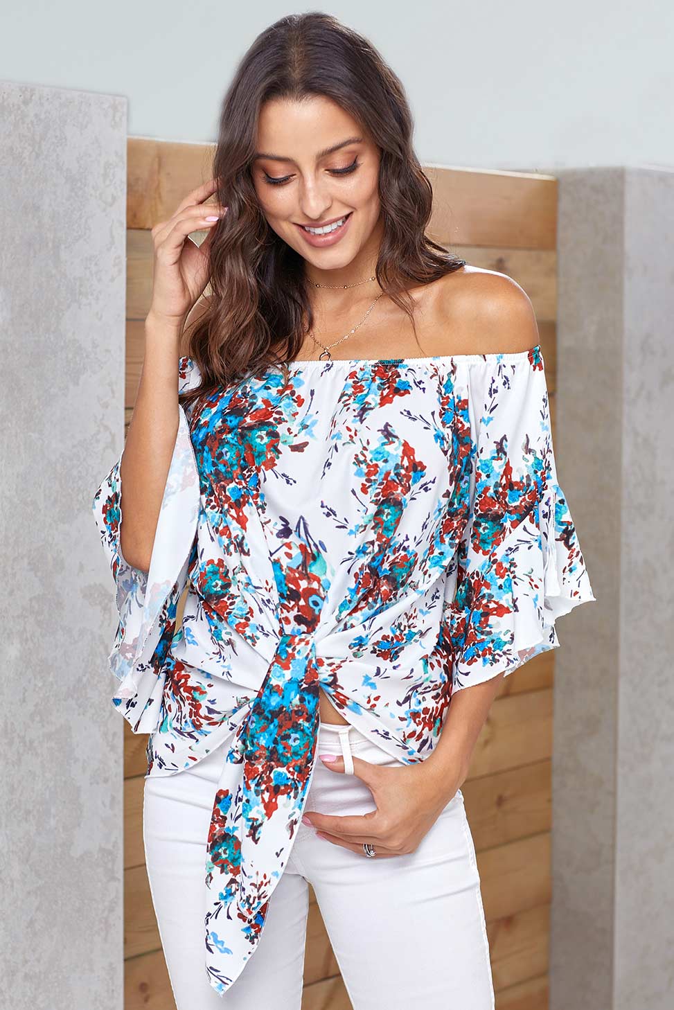 Floral Off-the-shoulder Tie-front Blouse - Mislish