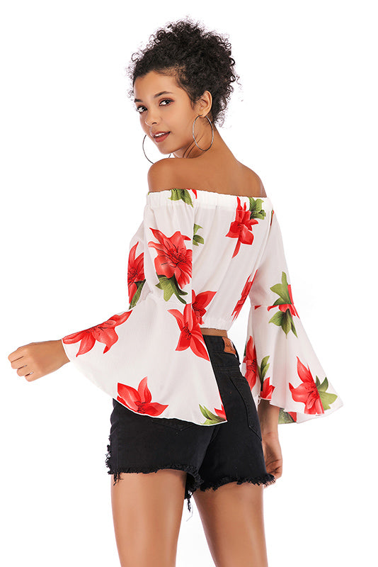 Floral Off-the-shoulder Trumpet Sleeve Blouse