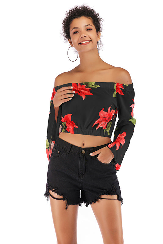 Floral Off-the-shoulder Trumpet Sleeve Blouse - Mislish