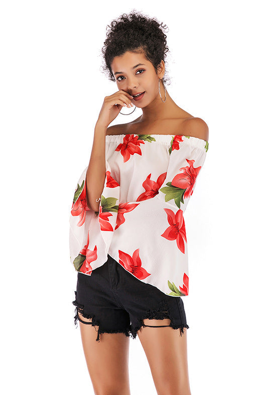 Floral Off-the-shoulder Trumpet Sleeve Blouse