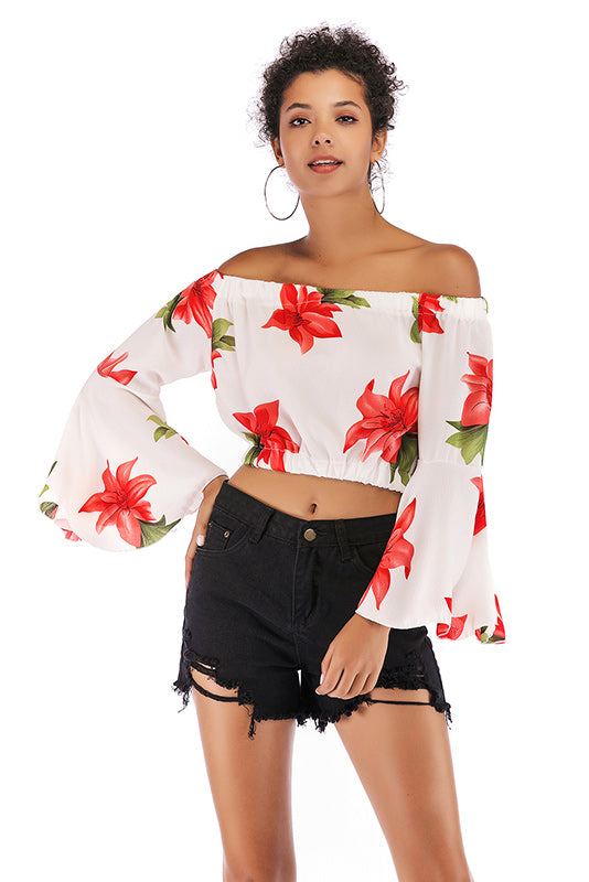 Floral Off-the-shoulder Trumpet Sleeve Blouse - Mislish