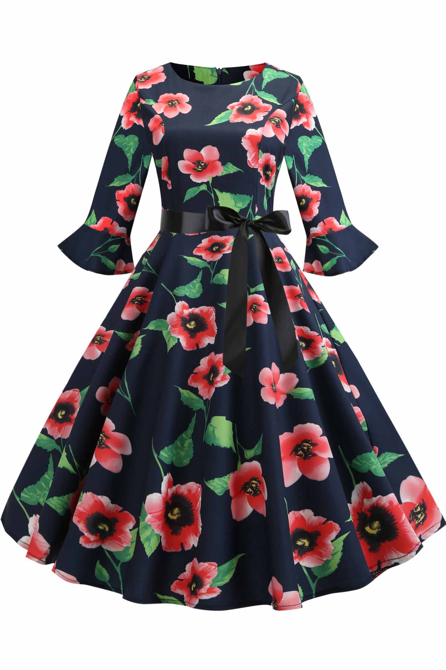 Floral Print Boatneck A-line Dress