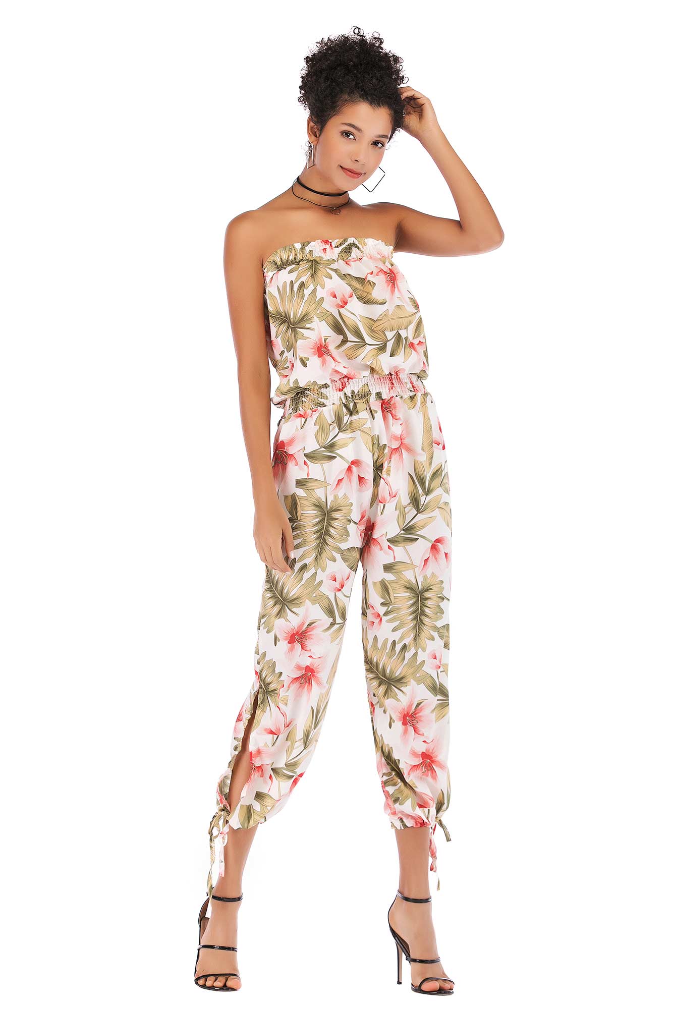 Floral Print Strapless Shirred Chiffon Jumpsuit - Mislish