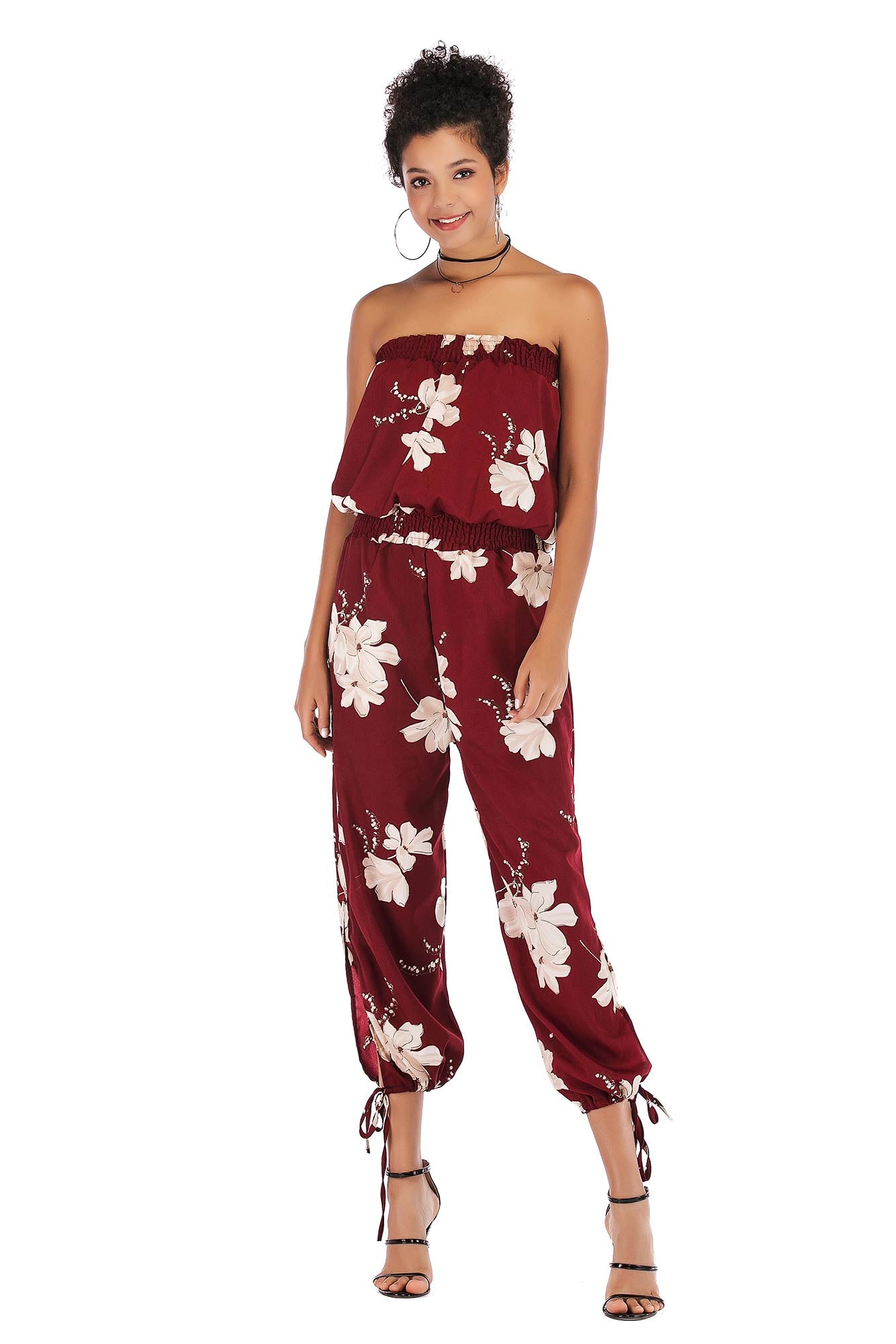 Floral Print Strapless Shirred Chiffon Jumpsuit - Mislish