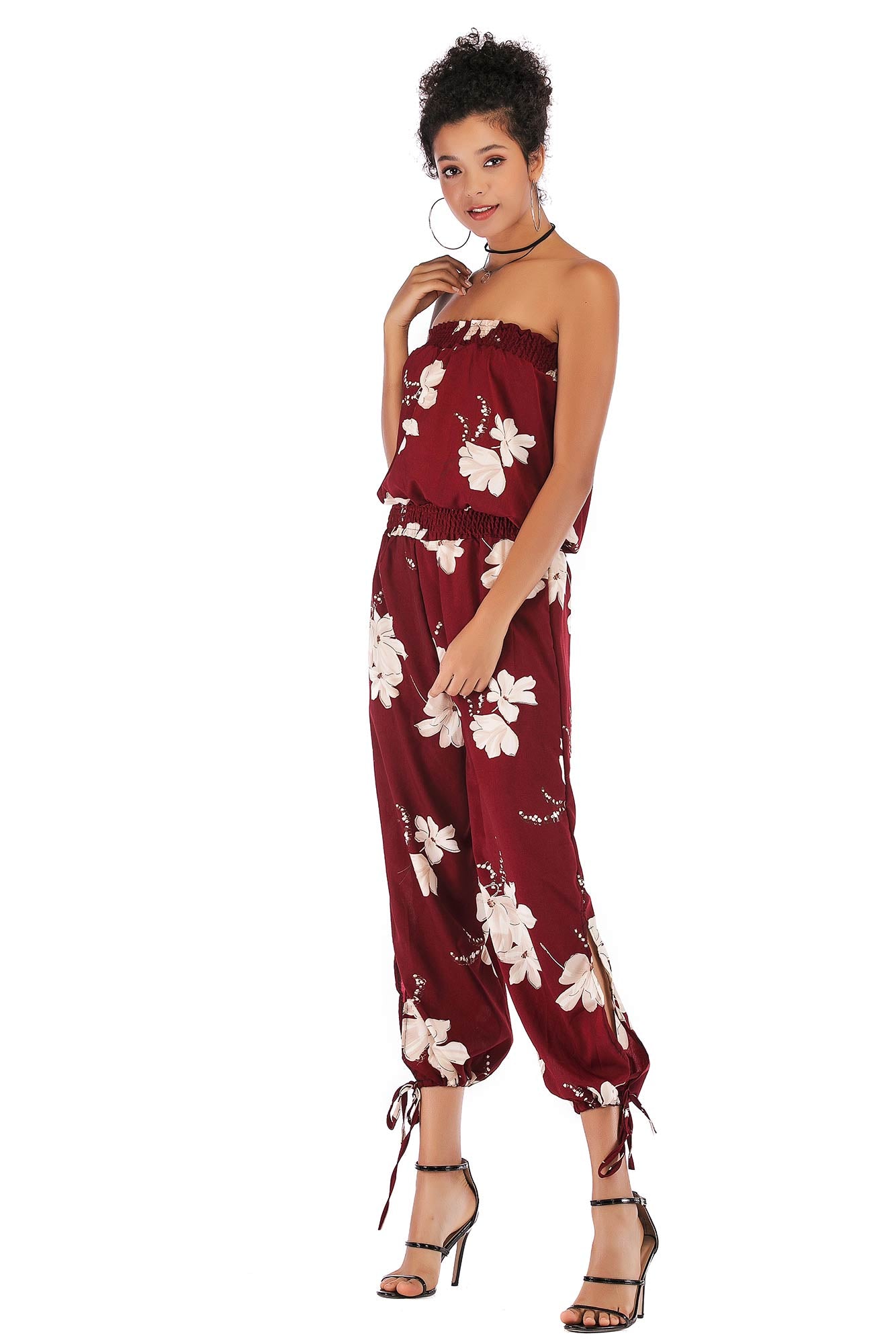 Floral Print Strapless Shirred Chiffon Jumpsuit