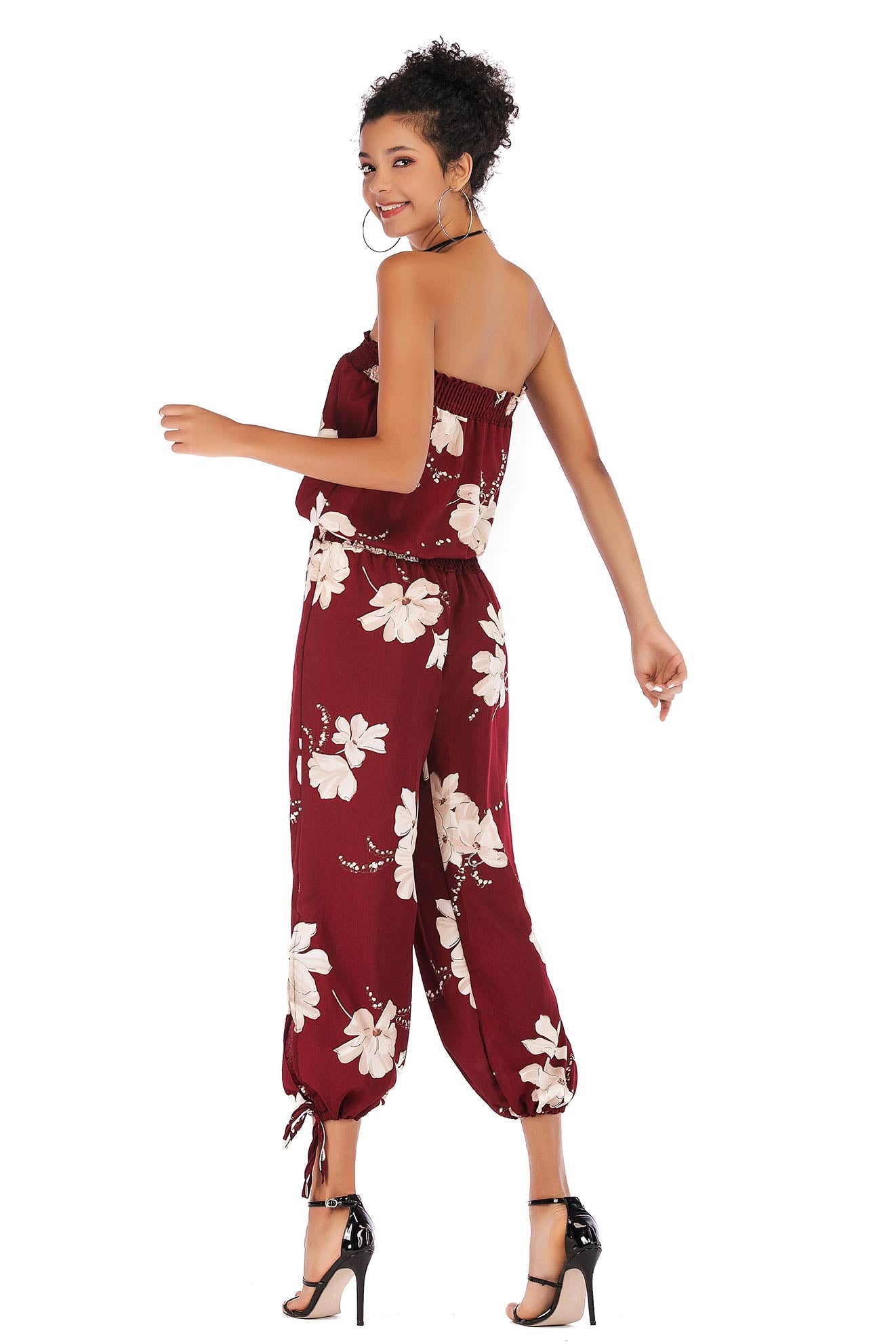 Floral Print Strapless Shirred Chiffon Jumpsuit