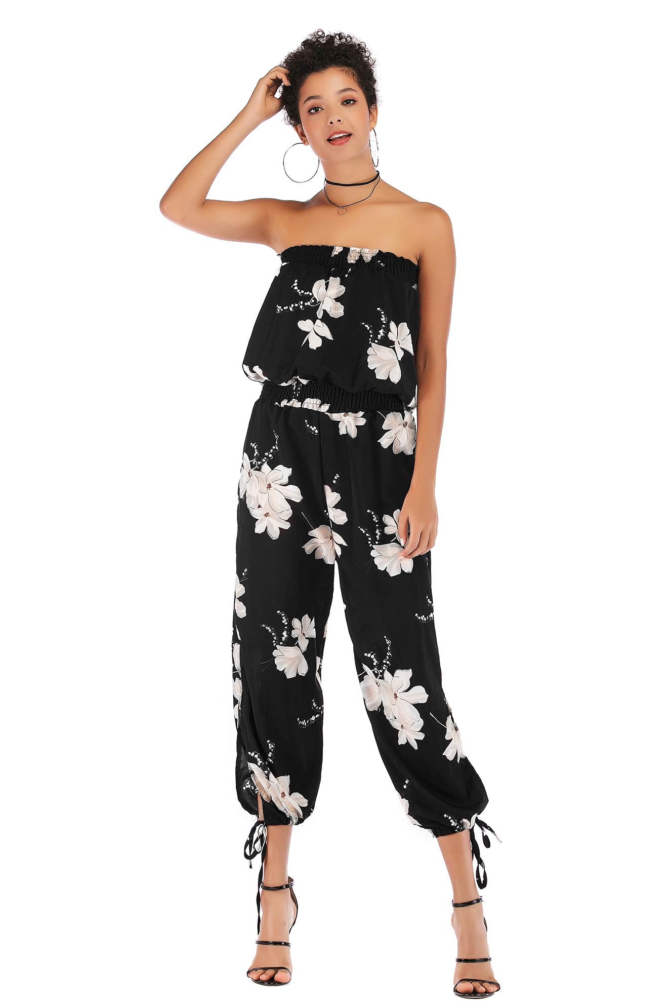 Floral Print Strapless Shirred Chiffon Jumpsuit - Mislish