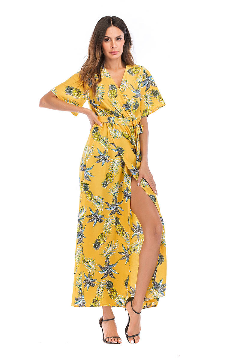 Floral Print V-neck Tie Front Slit Maxi Dress - Mislish