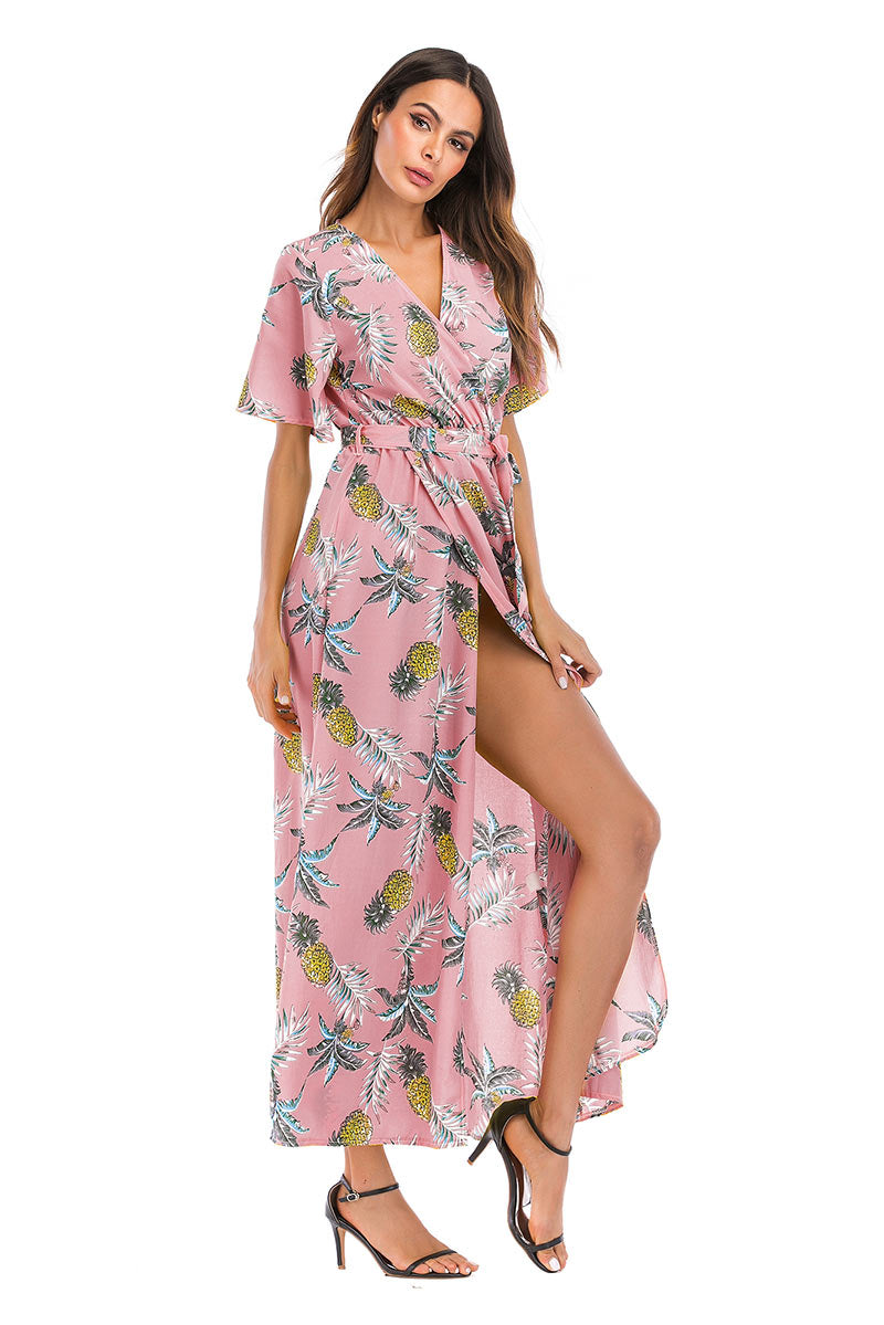 Floral Print V-neck Tie Front Slit Maxi Dress