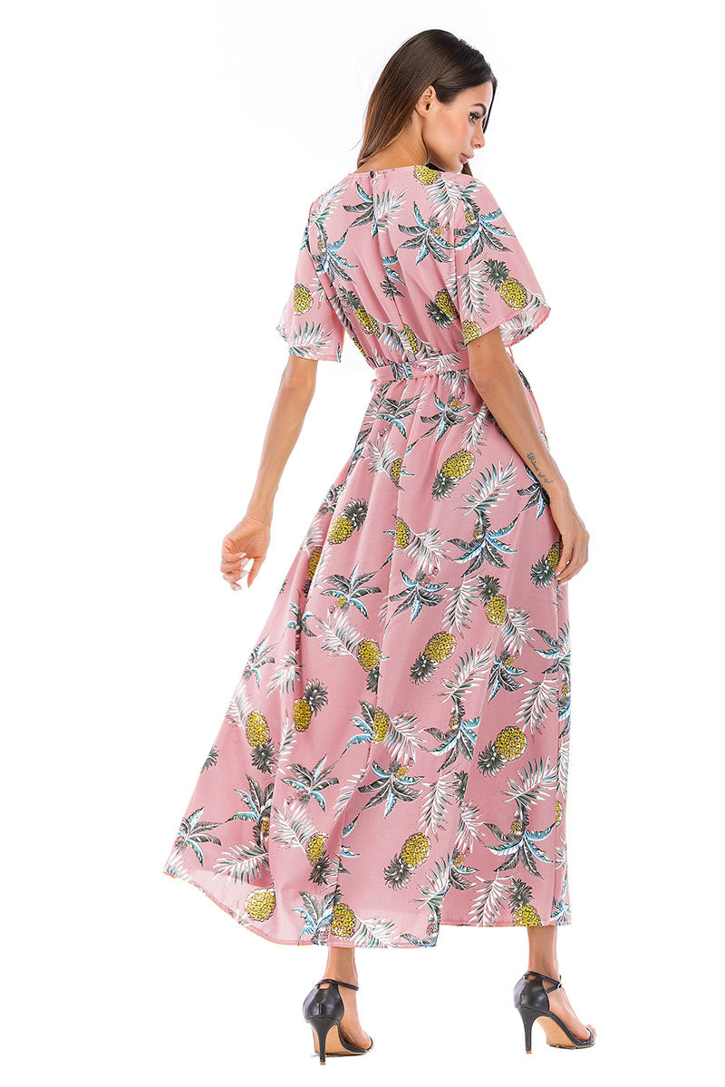 Floral Print V-neck Tie Front Slit Maxi Dress