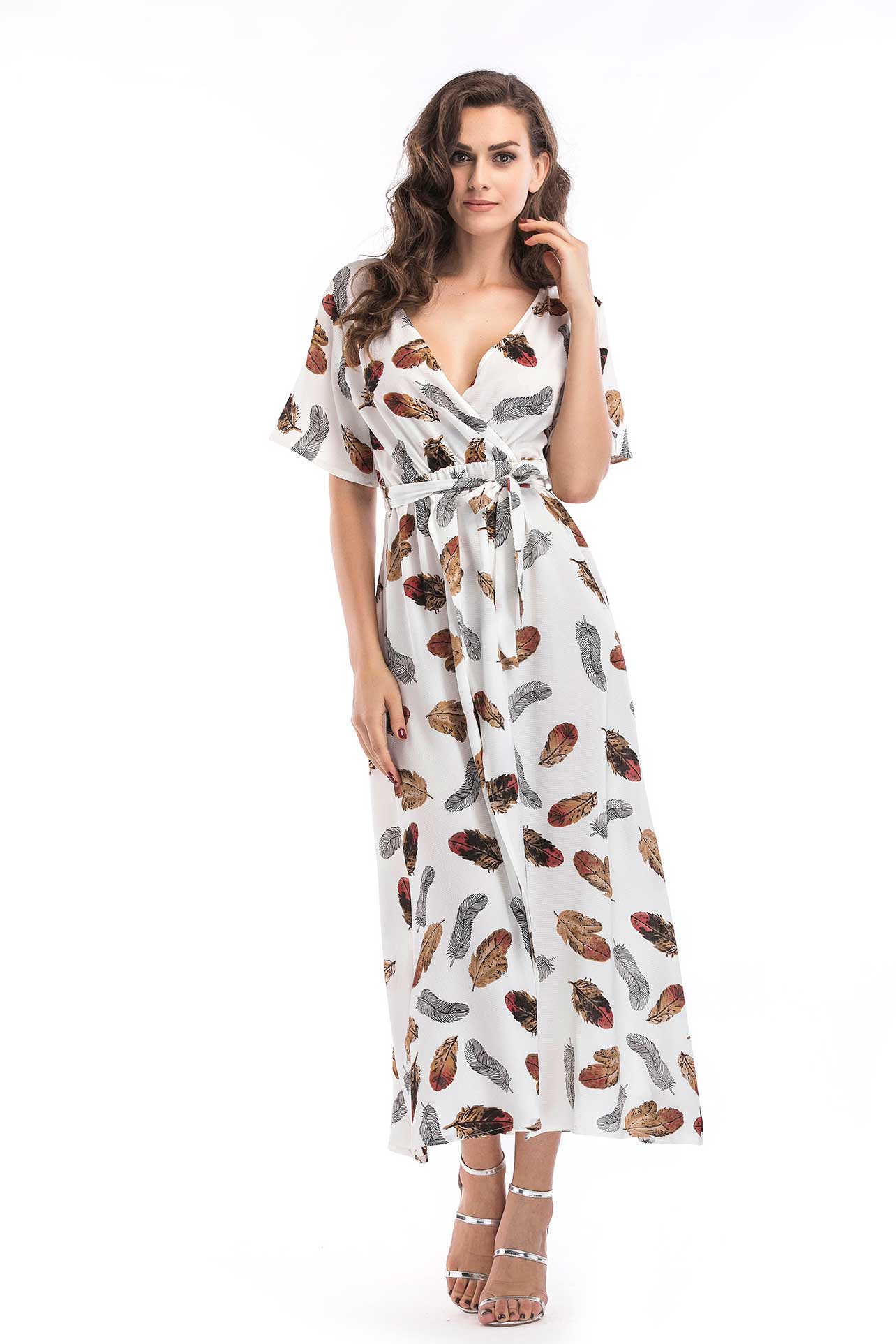 Floral Print V-neck Tie Front Slit Maxi Dress - Mislish