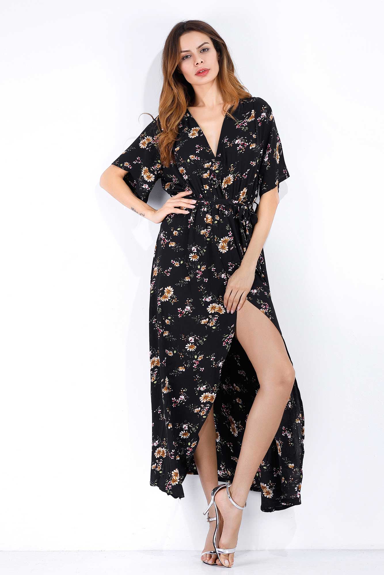 Floral Print V-neck Tie Front Slit Maxi Dress - Mislish