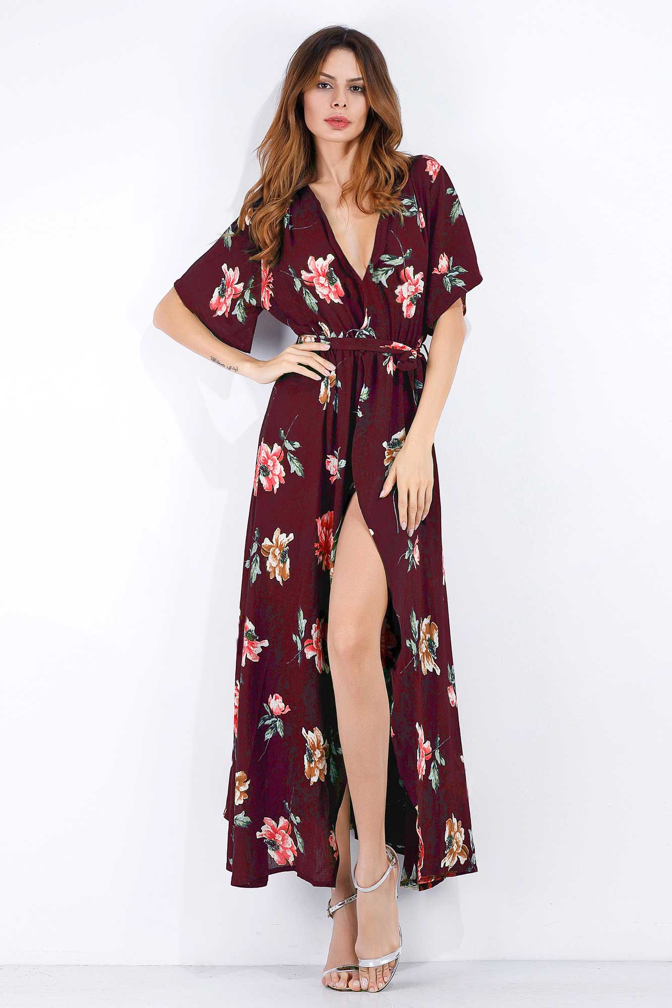 Floral Print V-neck Tie Front Slit Maxi Dress - Mislish