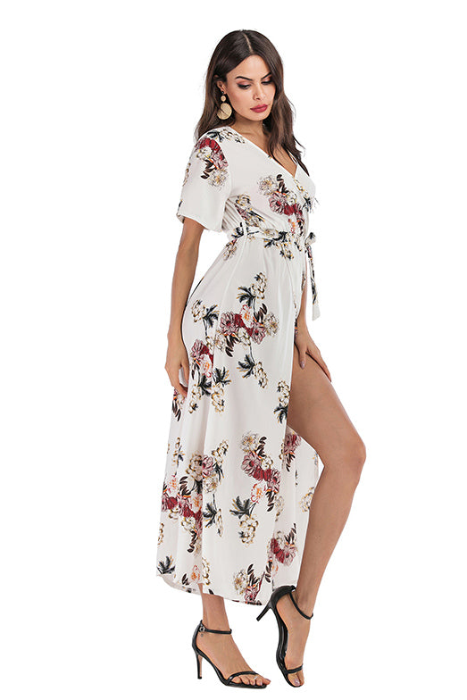 Floral V Neck Thigh-high Slit Lace-up Dress