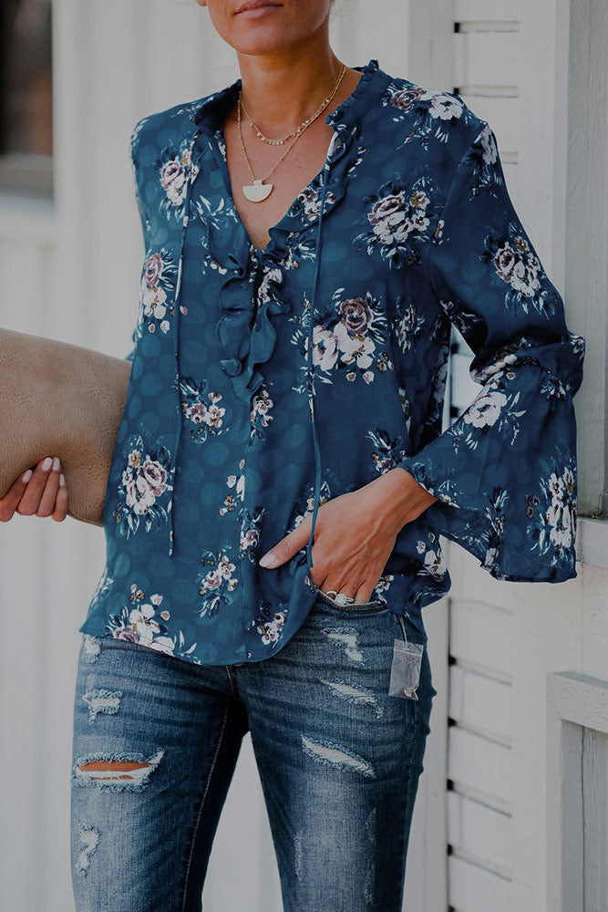 Floral Drawstring Tie Neck Blouse - Mislish