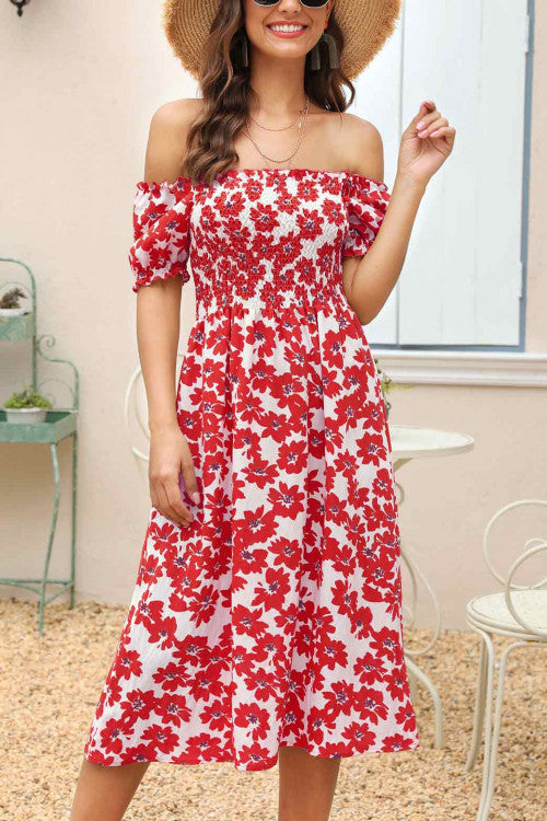 Floral Print Side Slit Smocked Dress - Mislish