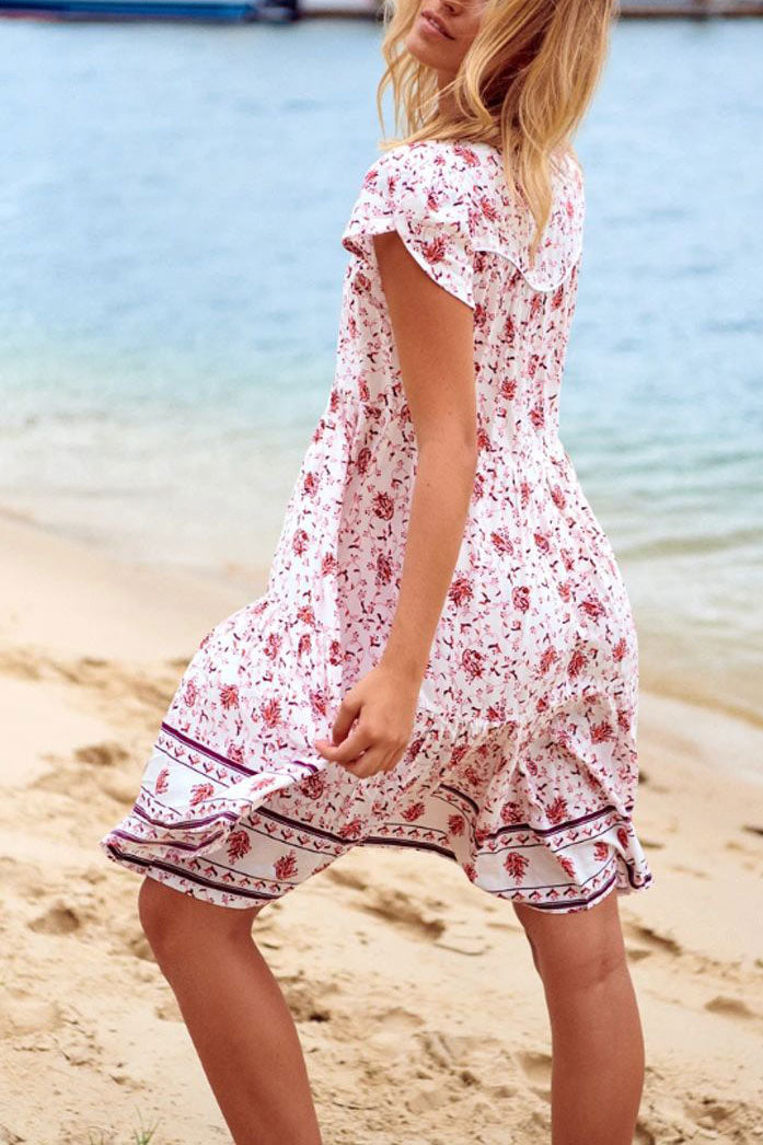 Floral Print V-neck Ruffles Beach Dress