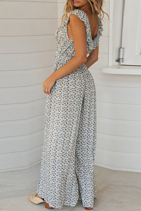 Floral Sleeveless Wide Leg Lace-up Jumpsuit