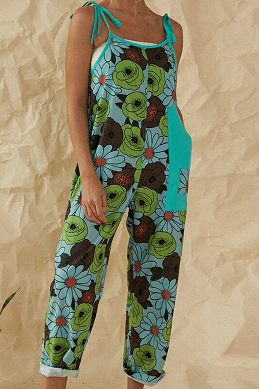 Floral Tie Shoulder Jumpsuit With Pockets - Mislish