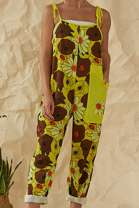 Floral Tie Shoulder Jumpsuit With Pockets - Mislish