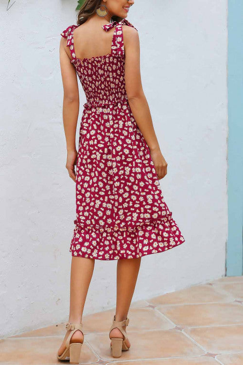 Floral Tie Shoulder Sleeveless Smocked Dress