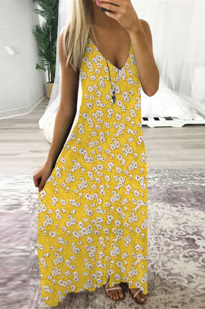 Floral V-neck Sleeveless Maxi Dress - Mislish