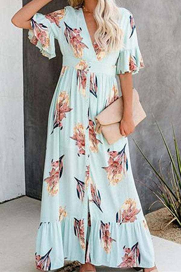 Ruffled V-neck Printed Maxi Dress - Mislish