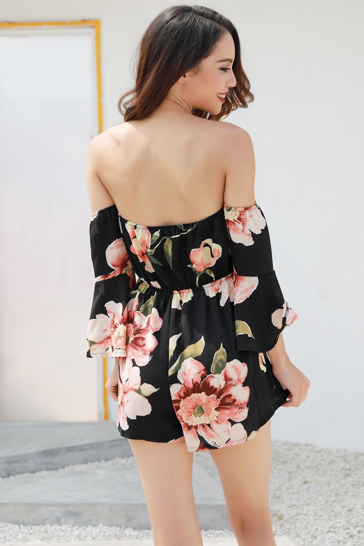 Flower Print Off-the-shoulder Backless Romper With Trumpet Sleeves