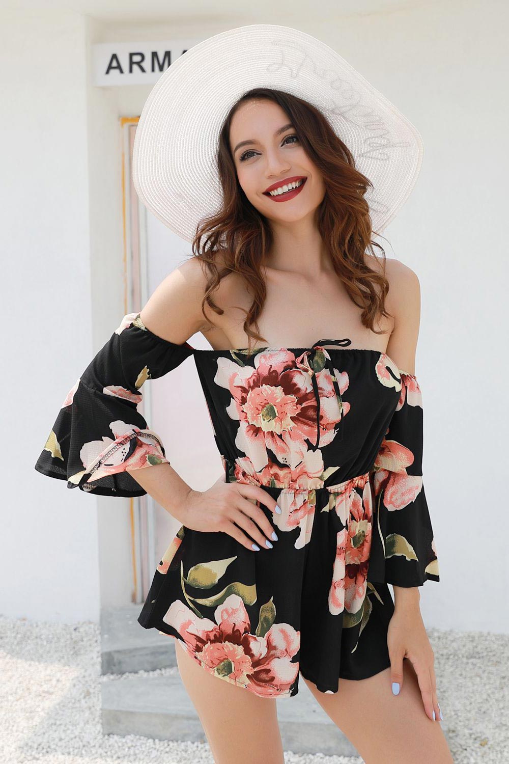 Flower Print Off-the-shoulder Backless Romper With Trumpet Sleeves - Mislish