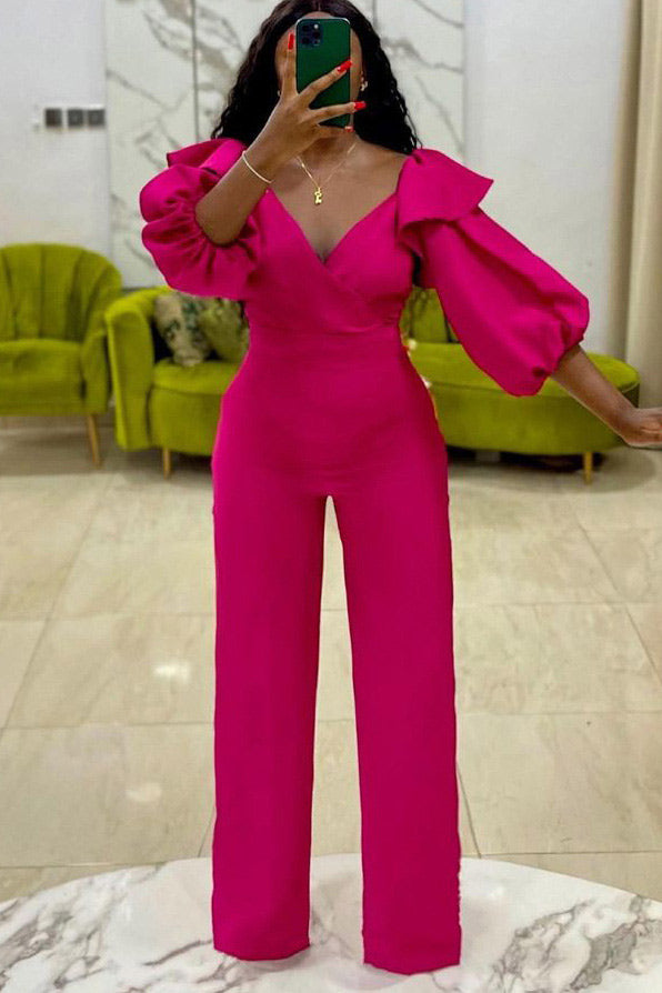 Fuchsia V-neck Long Sleeve Jumpsuit