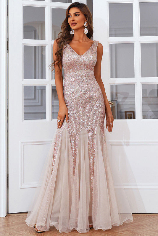 Full Length Sequins V-Neck Evening Prom Dresses