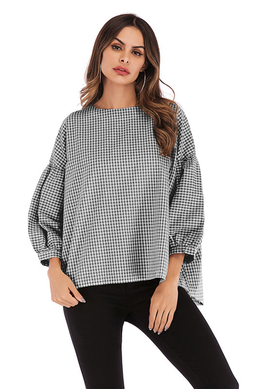 Gingham Button Back Blouse With Puff Sleeves - Mislish