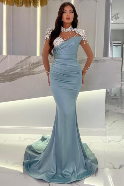 Glamorous Long Blue Mermaid High Neck Glitter Satin Prom Dress with Long Sleeves - Fashionpara