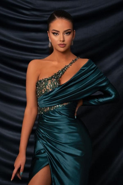 Glamorous Long Dark Green One Shoulder Beaded Lace Long Sleeve Prom Gown with Slit - Fashionpara