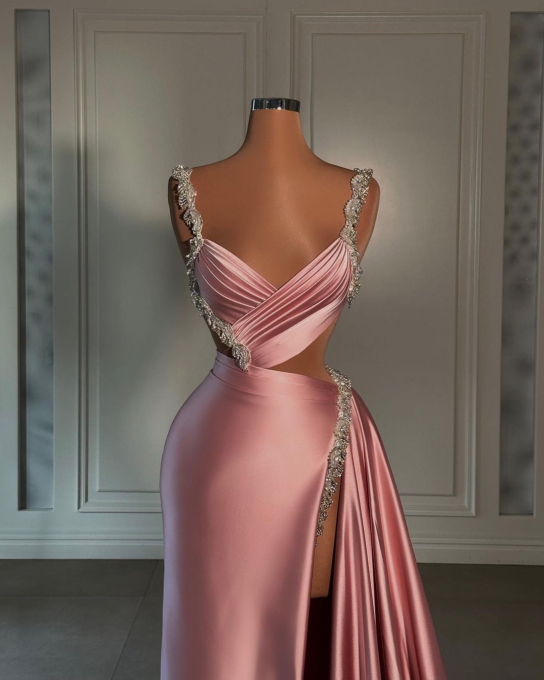 Glamorous Long Pink Strap Satin Dress with Split Front and Beading - Fashionpara