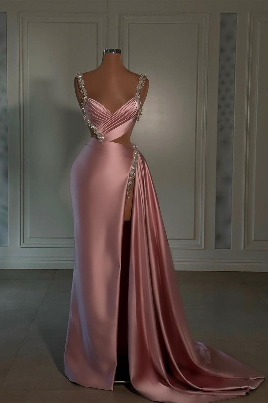 Glamorous Long Pink Strap Satin Dress with Split Front and Beading - Fashionpara