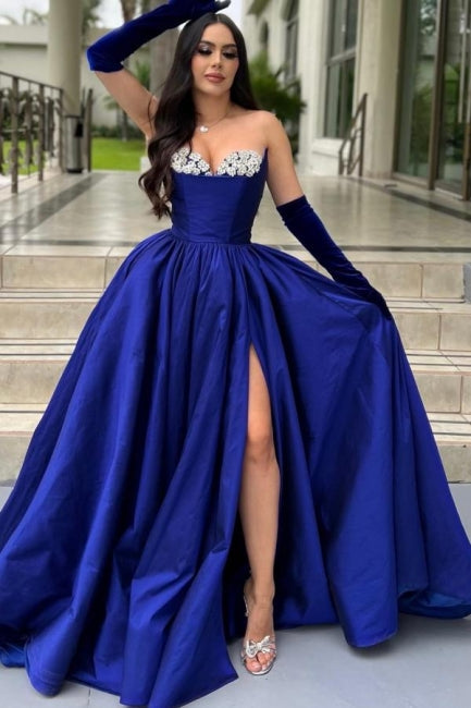 Glamorous Long Royal Blue A-line Glittery Satin Prom Dress with High Slit - Fashionpara