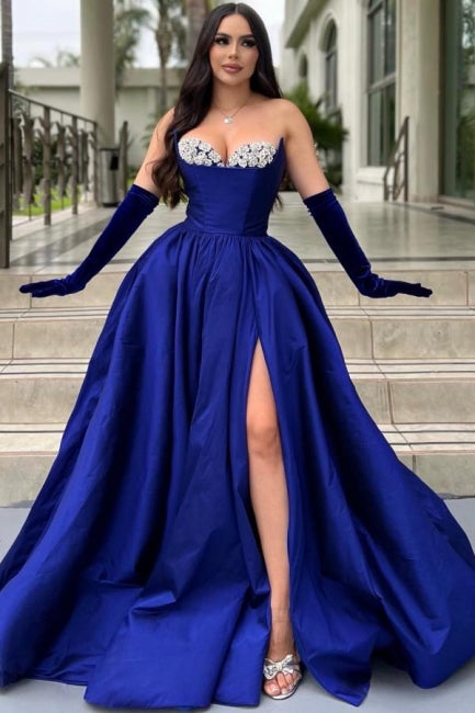 Glamorous Long Royal Blue A-line Glittery Satin Prom Dress with High Slit - Fashionpara