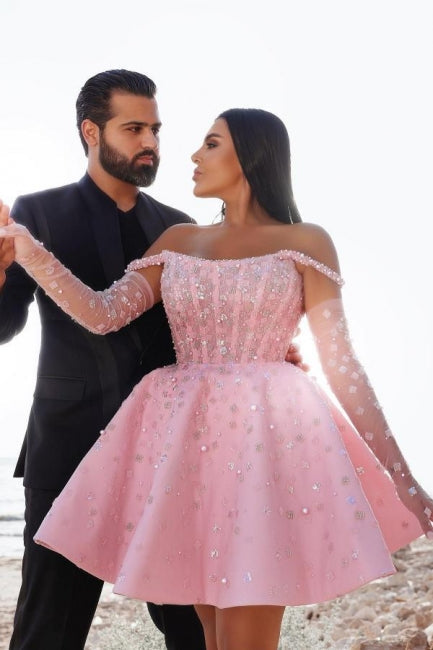 Glamorous Short Pink Cocktail Dress Off-the-shoulder Glittery Prom Dress with Lace Details