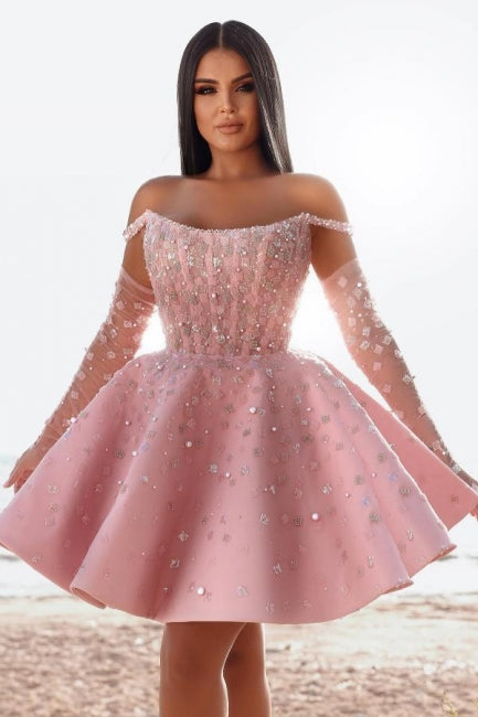 Glamorous Short Pink Cocktail Dress Off-the-shoulder Glittery Prom Dress with Lace Details