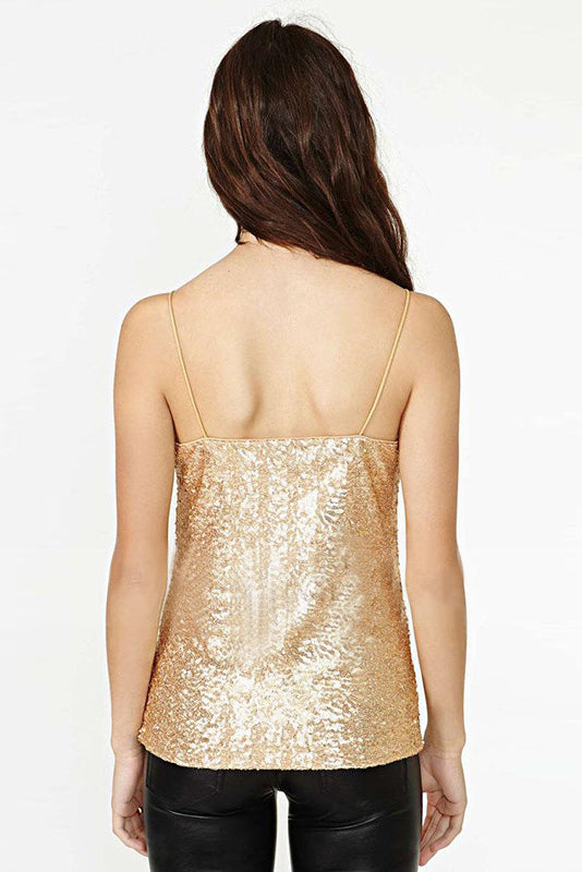 Gold Sequined V-neck Backless Cami Top