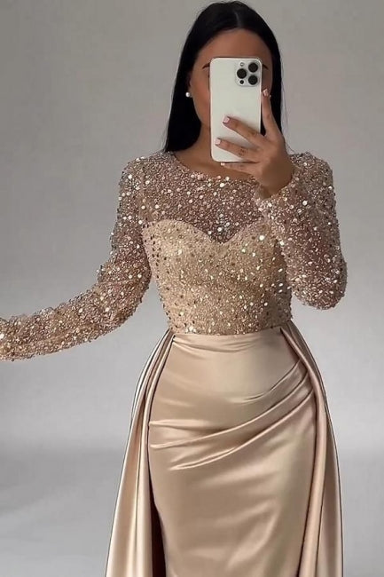 Gorgeous Long A-line Beaded Sequined Prom Gown with Elegant Long Sleeves - Fashionpara