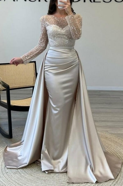 Gorgeous Long A-line Beaded Sequined Prom Gown with Elegant Long Sleeves - Fashionpara