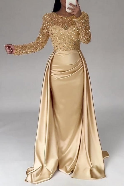 Gorgeous Long A-line Beaded Sequined Prom Gown with Elegant Long Sleeves - Fashionpara