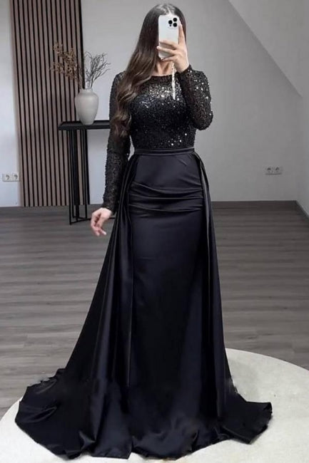 Gorgeous Long A-line Beaded Sequined Prom Gown with Elegant Long Sleeves - Fashionpara