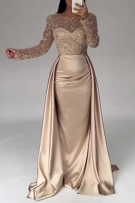 Gorgeous Long A-line Beaded Sequined Prom Gown with Elegant Long Sleeves - Fashionpara